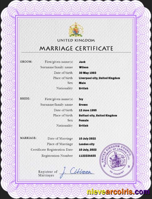 United Kingdom marriage certificate